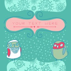 Cute romantic card in bright colors with cartoon owls