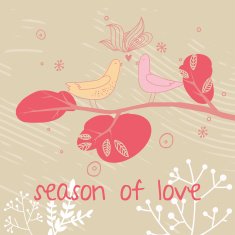 Romantic card with birds in leafs and flowers