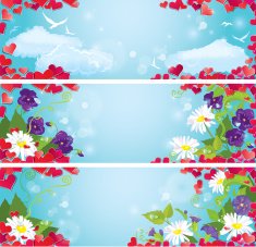 Valentine`s Day horizontal banners with hearts and wild flowers