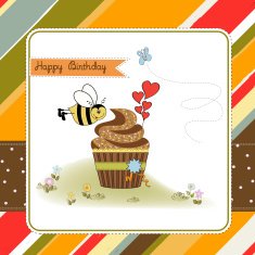 birthday greeting card with cupcake and funny bee