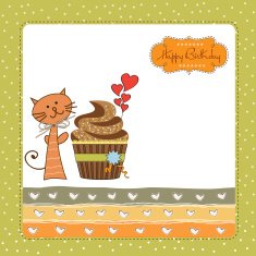 birthday greeting card with cupcake and cat