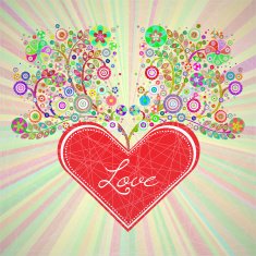 Valentine's Day flowers greeting card with heart banner
