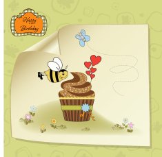 birthday greeting card with cupcake and funny bee N3