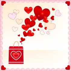 Red paper shopping bag with flying hearts