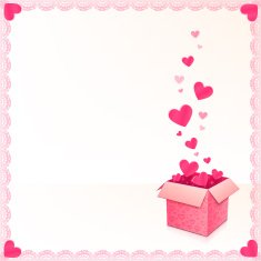 Pink greeting card with ornate box of hearts