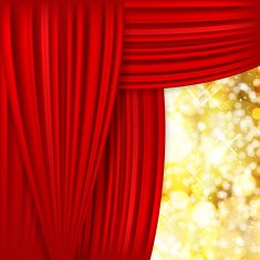 Holiday background with red satin and blurred lights