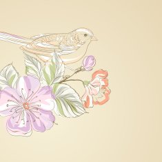 Hand drawn bird on sacura branch N3