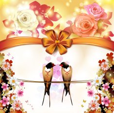 Two swallows with flowers