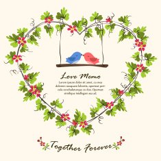 Heart shape leaf frame and love birds