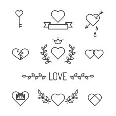 Set of lined hearts and elements in tattoo style