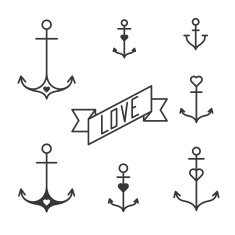 Set of seven lined anchors in tattoo style