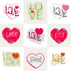 Romantic inscription love on the background of stylized heart Set