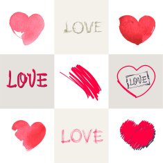 Romantic watercolor set of stylized hearts and inscriptions love
