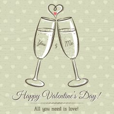 valentine card with two glass of wine and wishes text