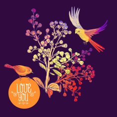 Floral Greeting Card with Birds and Branches