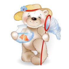 Smiling Bear in a straw hat standing with fish