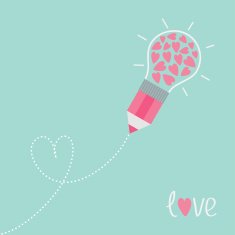 Pencil with light bulb and hearts Dash line heart Flat