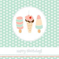 Greeting card with cute ice creams on polka dot background N3