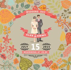 Cute wedding invitation with bride groom autumn leaves N3