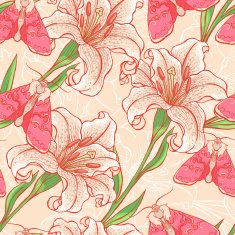 white lilies and pink moths