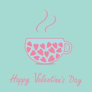 Love teacup with hearts Happy Valentines Day card Blue Flat N2
