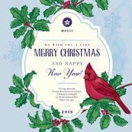 Vintage vector card Bird on a branch of holly N2