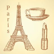 Sketch Eiffel tower lipstick and cup vector background