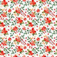 Watercolor floral seamless pattern with red flowers and leafs