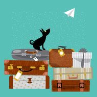 Travel concept Stack of vintages suitcases dog and paper plane