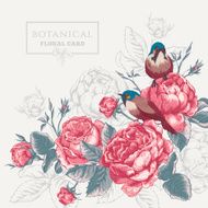 Botanical floral card with roses and birds