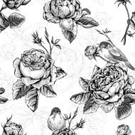 Floral seamless pattern with roses and birds