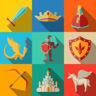 Flat icons set fairytale game - sword bow shield knight