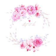 Spring magnolia and peonies vector frame Gentle flowers wedding template
