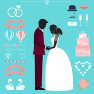 wedding collection with bride groom silhouette and romantic decorative elements N2