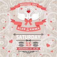 Wedding invitation with swans couple and paisley lace