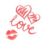 Vector set of lipstick drawn hearts and kiss