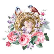 Classical watercolor floral vintage greeting card with rose birds nests N2