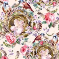 Watercolor floral vintage seamless pattern with rose birds nests and