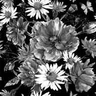 Vintage monochrome watercolor bouquet of wildflowers seamless pattern with poppies