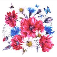 Vintage watercolor bouquet of wildflowers poppies daisies cornflowers