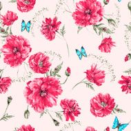 Beautiful gentle watercolor vintage summer seamless pattern with red poppies N3
