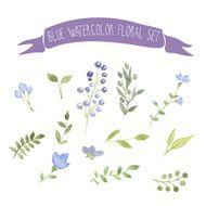 Blue watercolor vector floral set