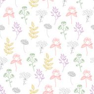 Vector Colorful Growing Plants Line Art Seamless Pattern