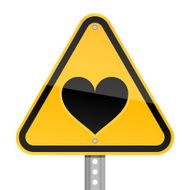 Warning triangle yellow road sign black heart pictogram white background