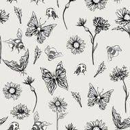 Summer Monochrome Vintage Floral Seamless Pattern with Blooming Chamomiles