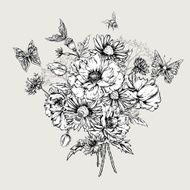 Summer Monochrome Vintage Greeting Card with Blooming Poppies N2