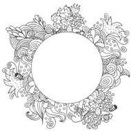 Hand drawn floral vector doodle round monochrome card design N2