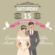 Cute cartoon bride and groom Retro wedding invitation