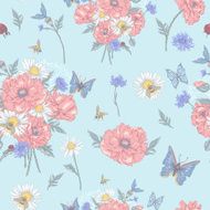 Summer Vintage Floral Seamless Pattern with Blooming Red Poppies N7