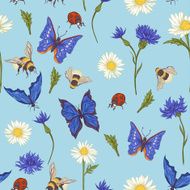 Summer Vintage Seamless Pattern with Blooming Chamomile N3